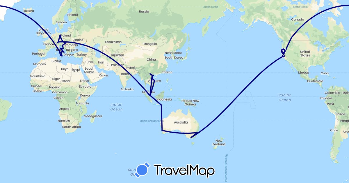 TravelMap itinerary: driving in Austria, Australia, Canada, Czech Republic, Germany, Croatia, Hungary, Indonesia, Italy, Malaysia, Singapore, United States, Vietnam (Asia, Europe, North America, Oceania)